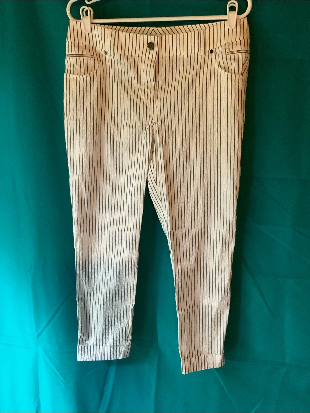 Per Se White Cotton Blend Pants with Black Pinstripes